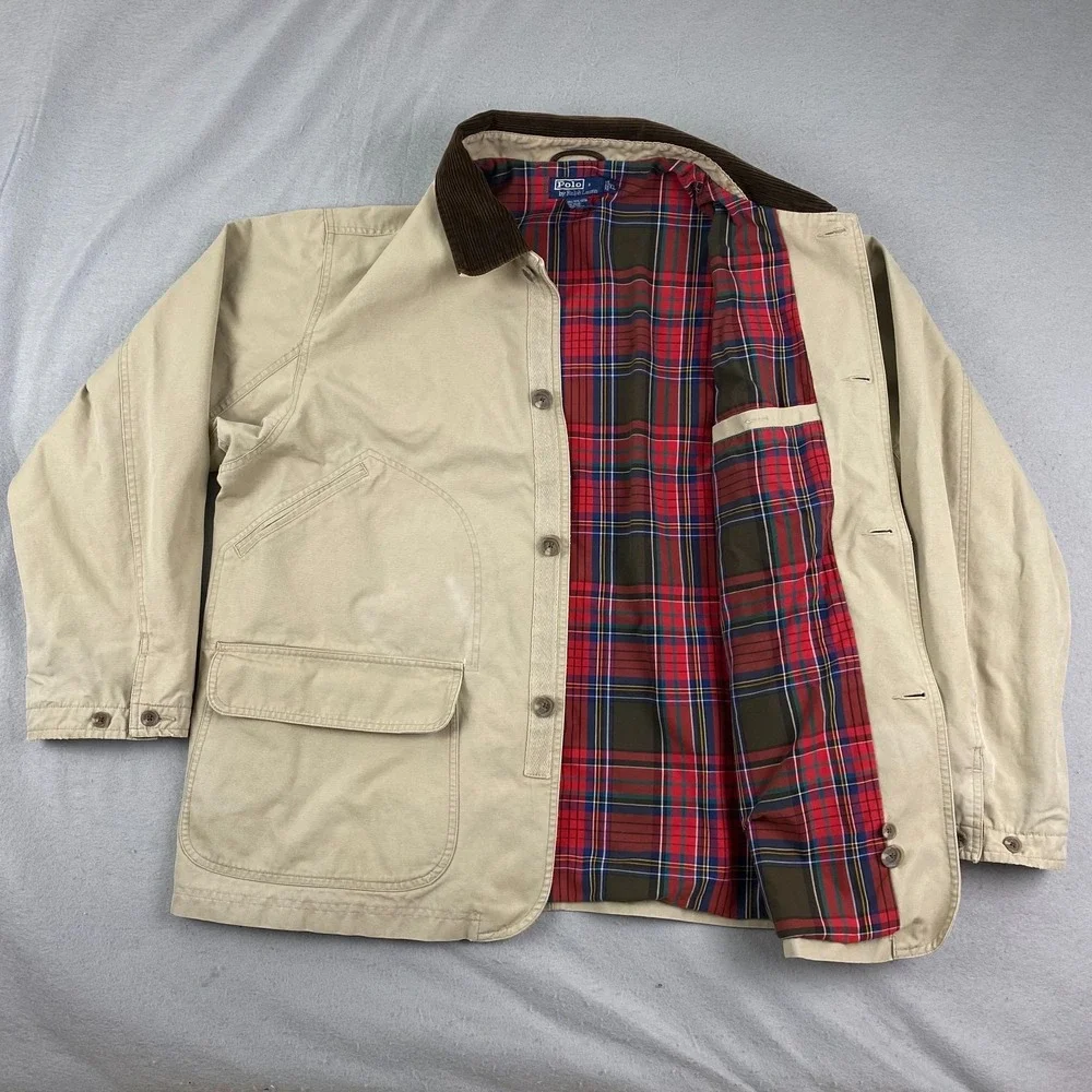Vintage 90s Polo Ralph Lauren Chore Jacket Barn Coat Mens XL plaid Lined